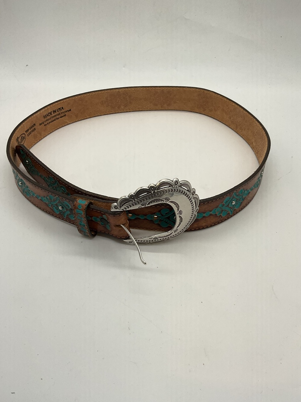 Justin Boots Brown Leather Belt with Turquoise Floral Accents and Silver Buckle